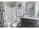 Bathroom with shower/tub combo, toilet, vanity, and decorative accents at 122 Still Creek Dr, Mooresville, NC 28115