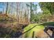 Wooded backyard with a grassy area and bird feeder at 303 Edgewood Rd, Shelby, NC 28150