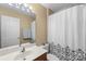 Well-lit bathroom features a shower with patterned curtain and a clean, classic vanity at 10628 Hill Point Ct, Charlotte, NC 28262