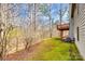 Home's backyard shows concrete patio, green grass, and a wooded area at 12104 Baywoods Dr, Tega Cay, SC 29708