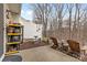 Backyard patio features two wooden chairs, a fence and storage shelf, and a peaceful setting at 3028 Summerfield Ridge Ln, Matthews, NC 28105