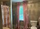 Clean bathroom featuring a shower, toilet, and window with pink curtains at 35 Marsh Ave, Wadesboro, NC 28170