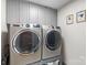 Laundry room with modern washer and dryer, and gray cabinets at 8478 Rocky River Rd, Harrisburg, NC 28075