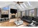 Relaxing sunroom with vaulted ceiling, skylights, and a cozy fireplace at 8478 Rocky River Rd, Harrisburg, NC 28075