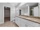 Modern bathroom with double vanity, granite countertop, and shower at 3915 Allenby Pl, Monroe, NC 28110