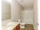 Clean bathroom featuring a tub shower combo, toilet and vanity with a mirror at 3948 Shasta Cir, Clover, SC 29710