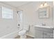 Bright bathroom featuring a shower-tub combination and a modern gray vanity at 505 Kings Mountain St, Clover, SC 29710