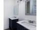 Bathroom with double vanity and dark blue cabinets at 7912 Charter Oak Ln, Charlotte, NC 28226