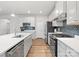 Well-lit kitchen featuring stainless steel appliances, white cabinets, and an island with a sink at 1036 Barnette Farm Ln, Monroe, NC 28110