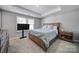 Primary bedroom featuring a tray ceiling, large windows and natural light, a tv and a bed with drawers at 14139 Loyola Ridge Dr, Charlotte, NC 28277