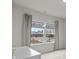 Bright bedroom featuring neutral walls, gray curtains, and large windows offering a view of the neighborhood at 5024 Hillshire Ln, Mint Hill, NC 28227