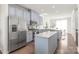 Modern kitchen featuring an island, stainless steel appliances, grey cabinets and hardwood floors at 232 Parkwood Ave, Charlotte, NC 28206