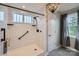 Walk-in shower with white subway tile, black accents, and a rainfall shower head at 2864 Park Ridge Blvd, Rock Hill, SC 29732