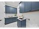 Laundry room features blue cabinetry, modern sink fixtures, white countertop and a walk-in closet view at 19155 Newburg Hill Rd, Davidson, NC 28036