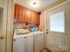 Efficient laundry room featuring a washer, dryer, storage cabinets, and convenient access to the outside at 1075 Fye Dr, Newton, NC 28658