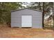 View of the gray steel outbuilding, surrounded by a sparse tree coverage at 26174 Treece Rd, Albemarle, NC 28001