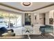 Spacious living room with pool view, fireplace, and modern furniture at 4129 Carnoustie Ln, Charlotte, NC 28210
