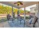 Relaxing screened porch featuring comfortable seating, a ceiling fan, and serene backyard views at 1148 Mckee Farm Ln, Belmont, NC 28012