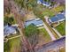 An aerial view shows this home with a well-kept lawn, mature trees, and a long driveway at 122 Lansdowne Rd, Charlotte, NC 28270