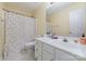 Bathroom with white vanity, polka dot shower curtain, and tile flooring at 3302 Cole Mill Rd, Charlotte, NC 28270
