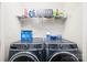Well-equipped laundry room with modern washer and dryer, overhead shelving, and ample storage space at 425 Webb Rd, Shelby, NC 28152