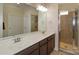 Bathroom featuring double sinks, a large mirror, and a glass-enclosed shower at 184 Flat Rock Dr, Denver, NC 28037