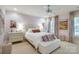 Charming bedroom with pink walls, ceiling fan, patterned curtains, and a cozy bed at 641 Museum Dr, Charlotte, NC 28207