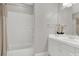 Clean bathroom with a shower/tub combo and white vanity at 10811 Old Tayport Pl, Charlotte, NC 28277