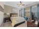 Comfortable bedroom featuring a ceiling fan, cozy bedding, and picturesque city view artwork at 11223 Wescott Hill Dr, Huntersville, NC 28078