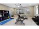 Home exercise room features fitness equipment, storage shelving, and natural light at 11223 Wescott Hill Dr, Huntersville, NC 28078