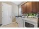 Bright laundry room featuring ample cabinetry, sink, window, and modern washer and dryer at 11223 Wescott Hill Dr, Huntersville, NC 28078