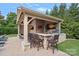 This outdoor kitchen features counter seating, television, sink, built in grill and brick backsplash at 14507 Old Vermillion Dr, Huntersville, NC 28078