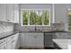 Bright kitchen with shaker cabinets, herringbone backsplash, and a large window with wooded views at 2418 Lexington Approach Dr, Charlotte, NC 28262