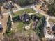 Well-manicured backyard with a stone fire pit, playground, garden, and mature trees offers a private retreat at 2553 Cozy Cove Dr, York, SC 29745