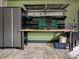 Organized garage features a large work bench with overhead and wall storage and utility sink at 817 Digby Rd, Rock Hill, SC 29730