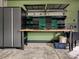 Well-equipped garage with cabinets, a workbench, and overhead storage racks at 817 Digby Rd, Rock Hill, SC 29730