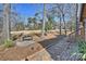 Beautiful backyard with a stone pathway, mature trees and a park bench at 9005 St Croix Ln, Charlotte, NC 28277