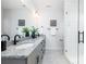 Bathroom featuring double vanity, granite countertops, and a tiled glass shower at 120 Random Dr, Salisbury, NC 28147
