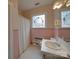 Bathroom with pink tile, decorative window, single sink, toilet, and shower with white curtain at 1124 Evergreen Cir, Rock Hill, SC 29732