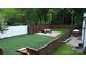 Aerial view of a fenced backyard with turfed area, patio with furniture and fire pit at 3516 Mill Stream Ct, Charlotte, NC 28209