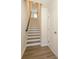 Bright staircase featuring wood-look flooring, white risers and a dark wood handrail at 1311 Cerium Way, Charlotte, NC 28211