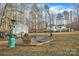 Backyard fire pit and seating area adjacent to a well-maintained lawn, shed, and outdoor patio at 530 Wilmot Trl, Gastonia, NC 28056