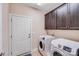 Functional laundry room equipped with a washer and dryer, featuring overhead cabinets and a door to the exterior at 11135 Bailey Park Nature Dr, Cornelius, NC 28031