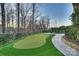 Scenic view of the backyard featuring a putting green next to a stone patio and woods at 17639 Stuttgart Rd, Davidson, NC 28036