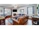 Inviting living room with hardwood floors, a fireplace, and comfortable leather seating at 2024 Woodshorn Dr, Matthews, NC 28104