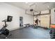 Home gym featuring exercise bike, weight bench, full-length mirror and weightlifting equipment at 526 Pine Links Dr, Tega Cay, SC 29708