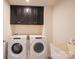 Well-equipped laundry room featuring modern washer and dryer units and upper cabinets at 10036 Paper Birch Dr, Charlotte, NC 28215