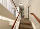 Hallway with carpeted stairs, a railing, and unit entrances at 17137 Red Feather Dr, Charlotte, NC 28277