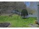 Landscaped backyard with a well-maintained lawn, white privacy fence, storage shed, and a firepit at 2043 Covered Bridge Ct, Rock Hill, SC 29732