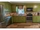Well-lit kitchen featuring stainless steel appliances, wood floors, and olive green cabinets at 6108 Gold Creek Estate Dr, Hickory, NC 28601